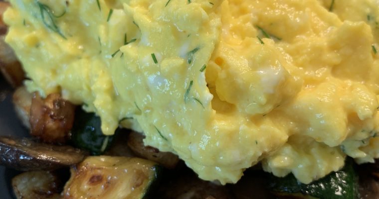 Caramelized Veggie Hash with Dill Scrambled Eggs