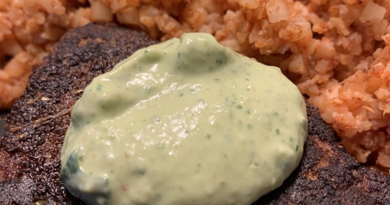 Blackened Ahi Tuna with Spicy Avocado Crema and Quick Mexican Cauliflower Rice