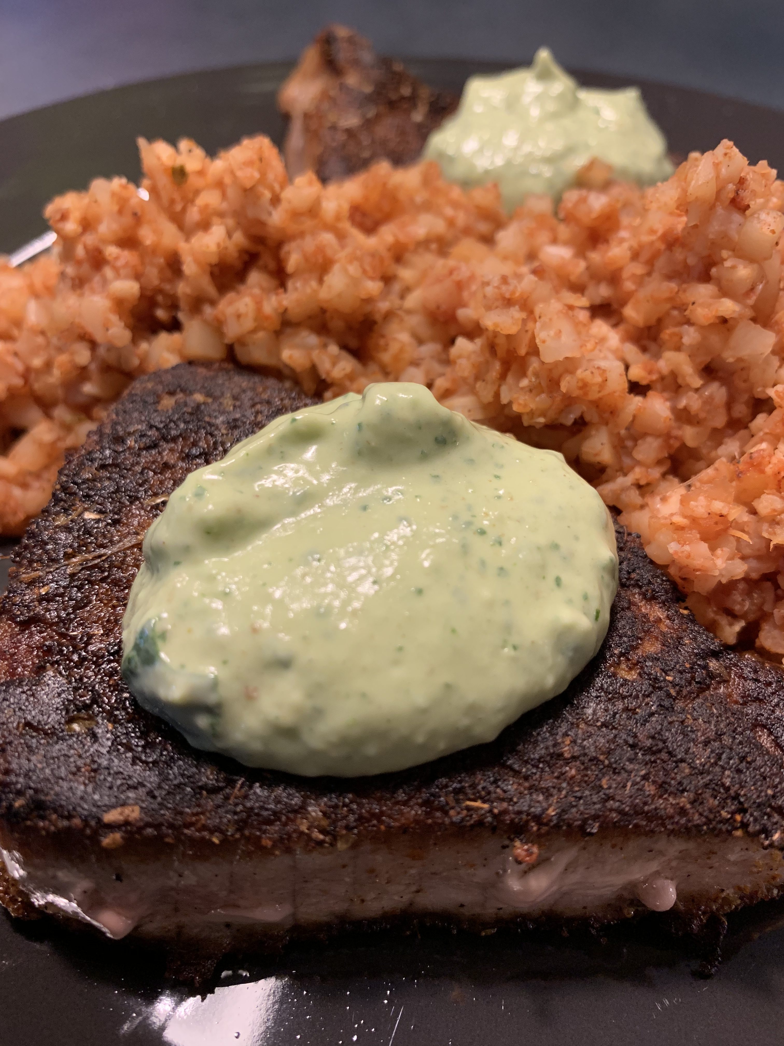 Blackened Ahi Tuna with Spicy Avocado Crema and Quick Mexican Cauliflower Rice