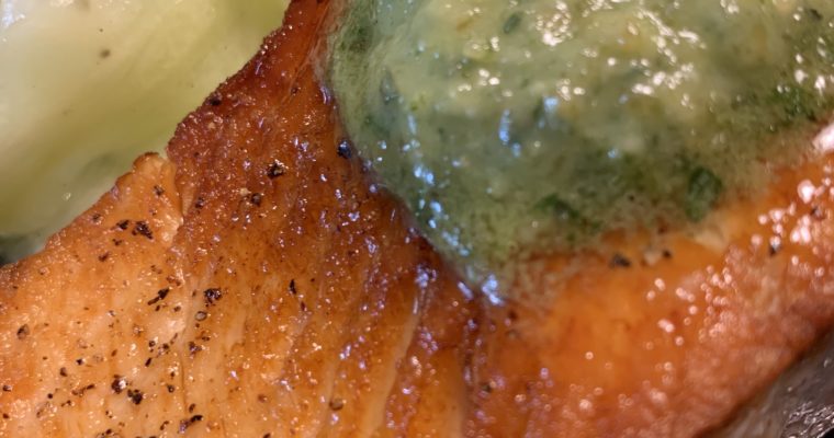 Crispy Pan-Seared Salmon with Basil Pesto Butter