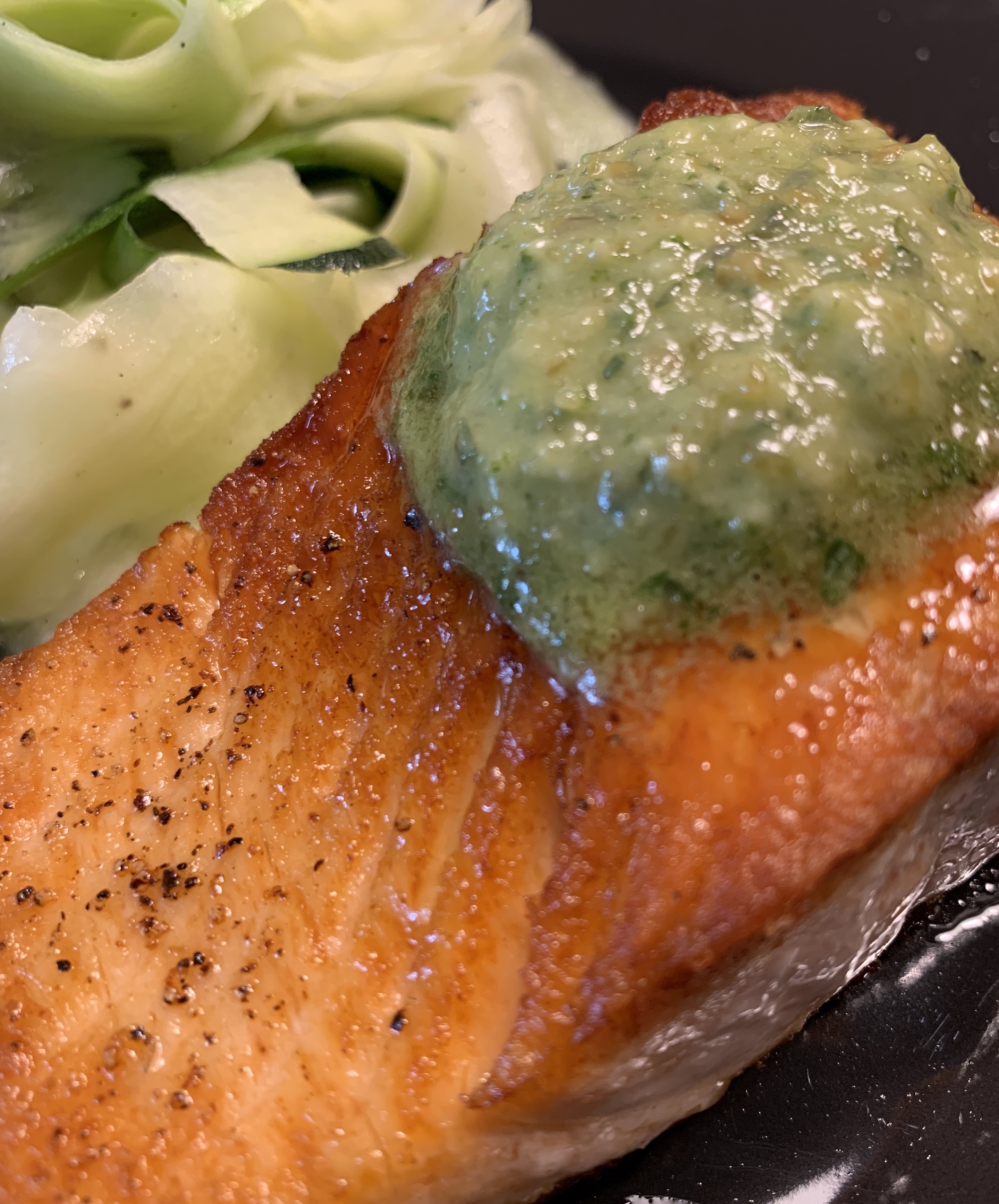 Crispy Pan-Seared Salmon with Basil Pesto Butter