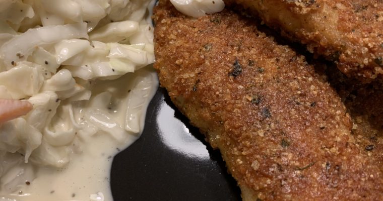 Keto Fish Fingers with Coleslaw and Caper-Dill Tartar Sauce