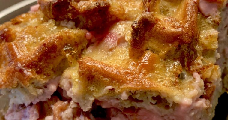 Raspberry Cheesecake Stuffed Chaffle French Toast Casserole